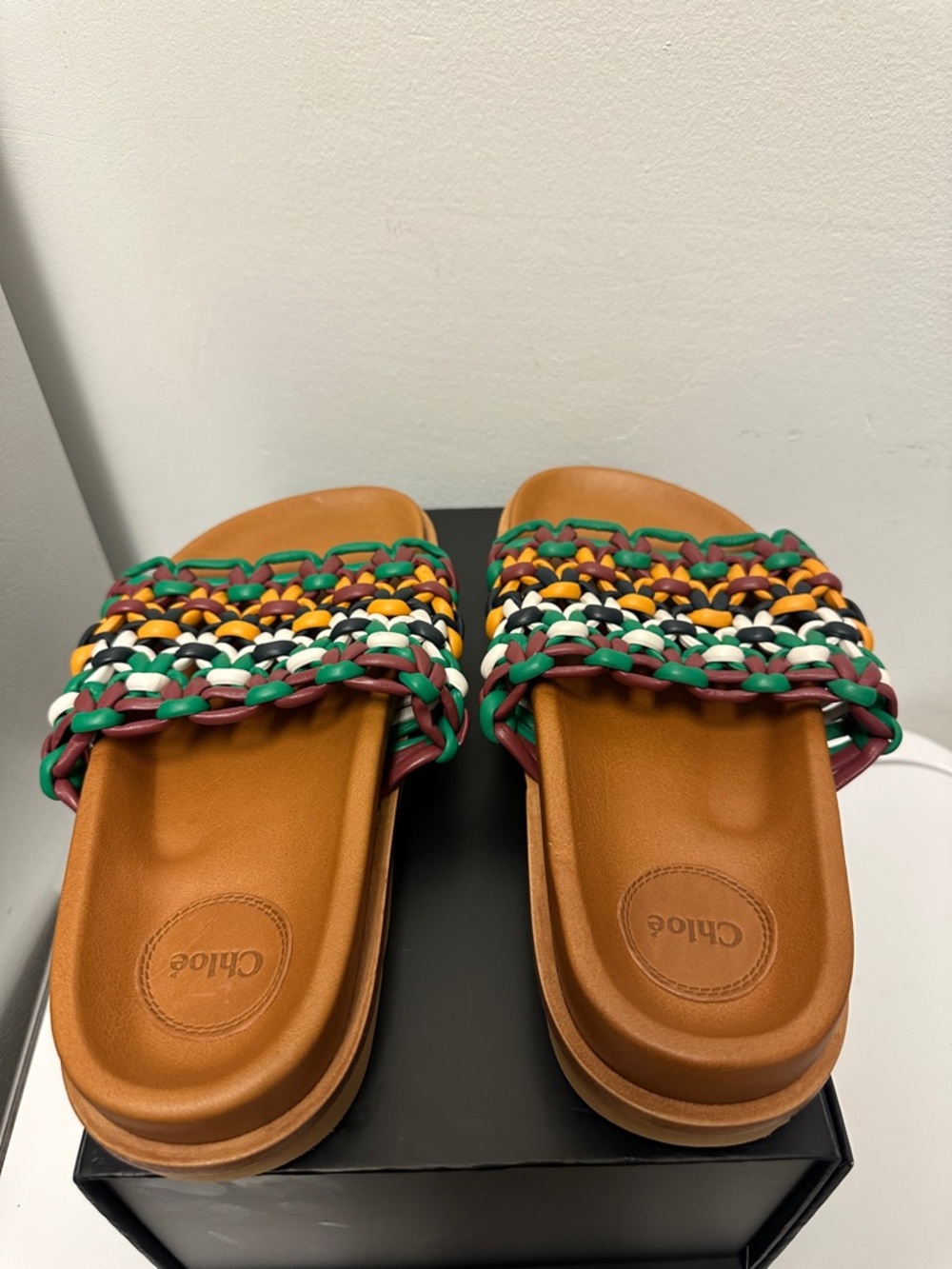 Chloé Wavy Flatform Crochet Leather Tan Slides with Multicolor Braided Straps - Picture 12 of 15